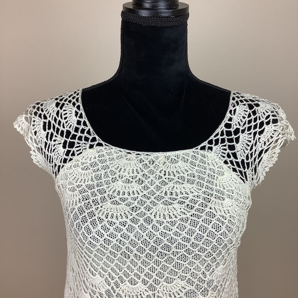 CROCHET HANDKNIT TRENDY IVORY SILK COTTON TOP - Picture 2 of 5